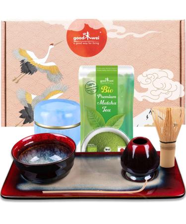Goodwei Ensemble Th Matcha pour c r monie du th japonaise Bol matcha porte-balai et plateau th au design assorti avec v ritable matcha BIO du Japon (Rouge)