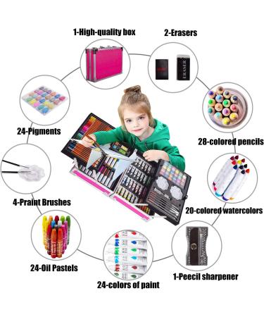 KINSPORY Art Supplies Case 139 Pack - Deluxe Portable Double Layers Aluminum Snakeskin Style Gift Box - Arts Crafts Painting Drawing Set for Kids, Teens, Adults - Pink - Buy Online on GoSupps.com
