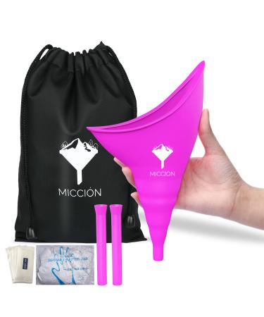 Miccion Female Urinal for Women - Silicone Pee Funnel Portable Urination Device, 5.7 x 9.4 Reusable for car, Outdoor, Travel and Camping with 2 Tubes, Wipes, Gloves (Purple)