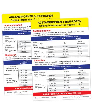 Acetaminophen and Ibuprofen Dosing Information (2 Pack) for Infant Baby Kids Age 0-11 Dosage Chart Medication Reference Fridge Magnet - 5x7 in.