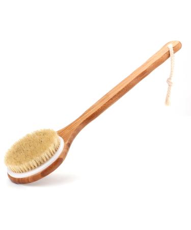 Shower Brush with Natural Bristle - Long Bamboo Handle Bath Body Brush for Wet or Dry Brushing - Improves Blood Circulation  Exfoliating Skin