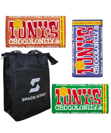 Tony's Chocolonely Netherlands Caramel Pretzel Toffee Hazelnut Chocolate Bar Bundle With Snack Scout Lunch Bag