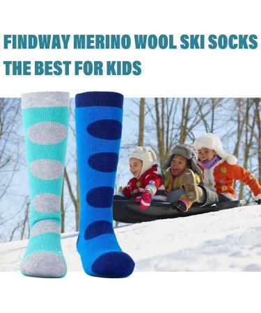 Findway 2 Couple Merino Wool Ski Socks - Unisex Thermal Winter Socks for Kids (30-36) - Breathable Snowboard Socks for Girls & Boys - Blue-Green/Blue - Buy Online on GoSupps.com