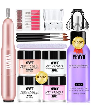 Acrylic Nail Kit With Drill, Acrylic Powder and Liquid Set With Nail Drill, With 4PCS Clear, Nude, Pink, White Nail Powder and 3.4OZ Monomer, Professional Acrylic for Nail Extension, Art Nails Beginner