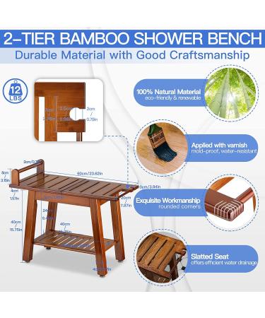 ETECHMART 2-Tier Bamboo Shower Bench 24 Inch Spa Stool with Storage Shelf - Brown - Buy Online on GoSupps.com