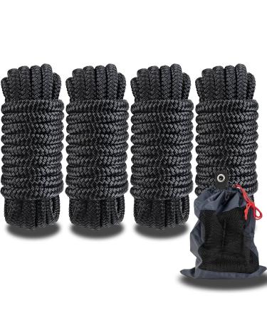 MARINE SYSTEM Double Braided Nylon Dock Lines Rope 1/2 Inch x 15 FT Dock Line with 12 Inch Eyelet for Mooring Boats Black (4 Pack)