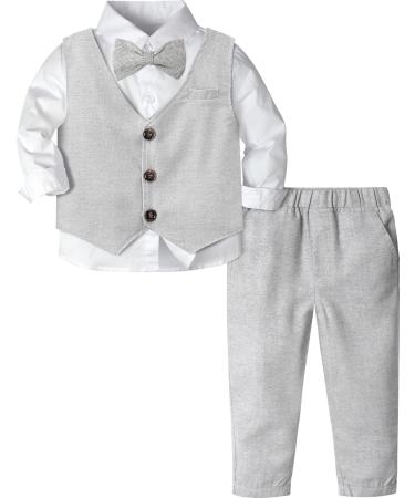 mintgreen Baby Boys Wedding Suits 3pcs Herringbone Tweed Outfit Christening Clothes Set Shirt + Waistcoat + Trousers + Bow Tie 1-4 Years 12-18 Months Light Grey