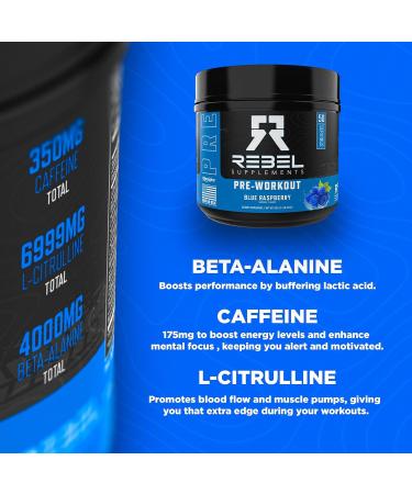 Rebel Supplements Blue Razz Loaded Pre Workout - Extreme Energy Focus & Pumps | 50 Servings | 7000mg L-Citrulline 4000mg Beta Alanine 350mg Caffeine - Buy Online on GoSupps.com