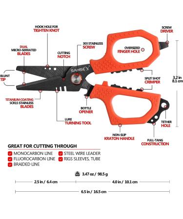 SAMSFX Fishing Braid Line Scissors Shears - Titanium Coated Dual-Serrated Blade, Orange Kraton Handle, Hard Sheath & Lanyard - Buy Online on GoSupps.com