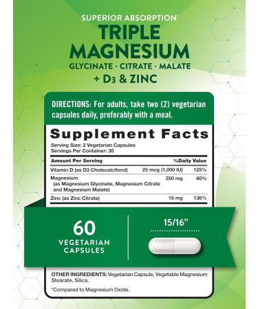 Nature's Truth Triple Magnesium Complex Supplement | 60 Capsules | Glycinate Citrate & Malate | with D3 & Zinc | Vegetarian Non-GMO & Gluten Free - Buy Online on GoSupps.com