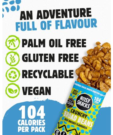 Noisy Snacks - Beef Brisket Crunchy Broad Beans Great Taste Award Winning Hint of Salt & Spicy Healthy Low Calorie Snack High Protein & Fibre Vegan Gluten Free Palm Oil Free 10 x 25g Recyclable Vegan Beef Brisket Broad Beans 250 g (Pack of 1) - Buy Online on GoSupps.com