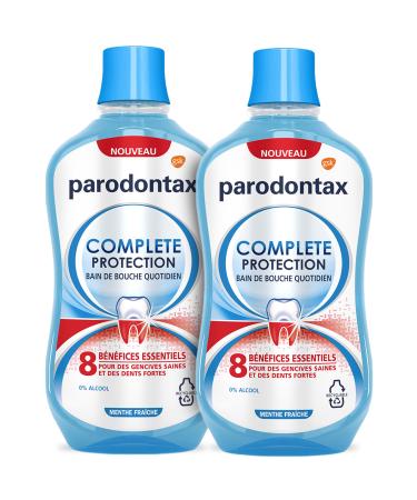 PARODONTAX - Bain de Bouche Quotidien Complete Protection - 8 B n fices pour des Gencives Saines & des Dents Fortes - Combat les Bact ries de la Plaque Dentaire - 0% Alcool - Menthe Fra che - 2x500 ml