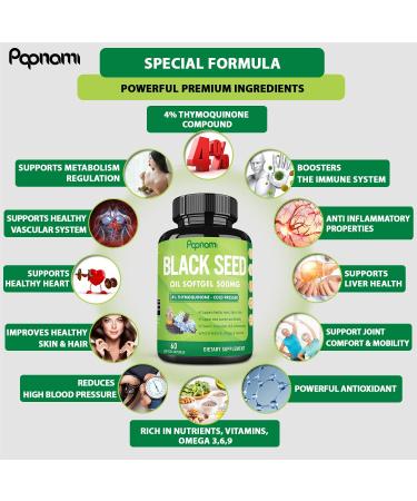Organic Black Seed Oil Capsules 500mg - 2 Packs, 4 Months Supply | 4% Thymoquinone, Vitamin E & Omega 3 6 9 | Immune System & Joint Health Support - Buy Online on GoSupps.com