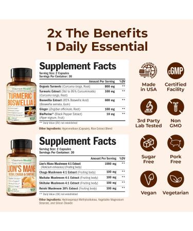 Boswellia Turmeric Curcumin Supplement + Lions Mane Supplement Capsules Bundle for Joint Health Mood & Immune Support with Ginger Organic Turmeric Powder Turkey Tail Shiitake Mushrooms & More - Buy Online on GoSupps.com