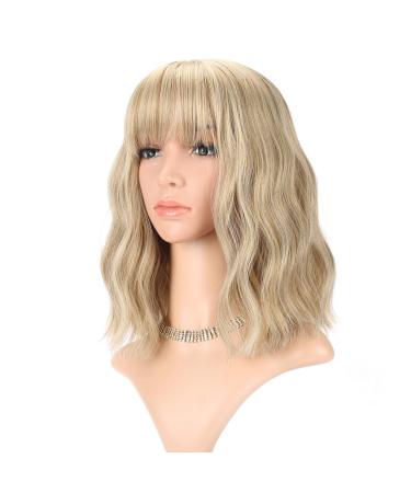 FAELBATY Blonde Wig Short Bob Wigs Loose Wave With Air Bangs Shoulder Length Women's Short Wig Curly Wavy Synthetic Cosplay Wig for Girl Costume Wigs Mix blonde and gold color 12" A blond
