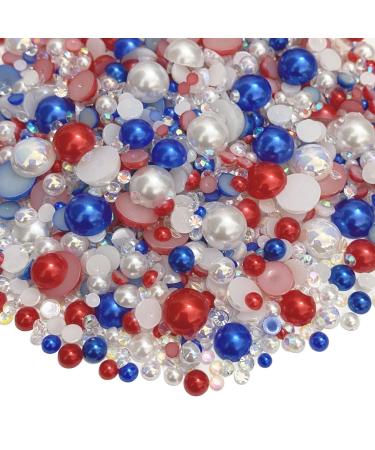50g Mix Flatback Resin Rhinestones Half Round Pearls Mixed Size 3mm-10mm AB Color Half Pearls Resin Rhinestones for DIY Craft Nail Art Shoes Clothes Tumblers Scrapbooking (White/Red/Dark Blue Series)