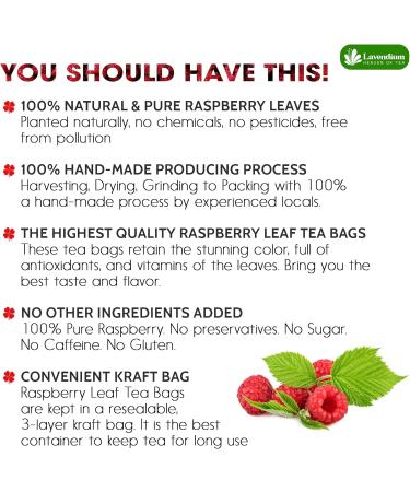 Lavendium Premium 30 Raspberry Leaf Tea Bags 100% Natural and Pure from Raspberry Leaves. Made with Eco-Conscious Tea Bags Raspberrya Leaf Herbal Tea. No Sugar No Caffeine No Gluten Vegan. - Buy Online on GoSupps.com