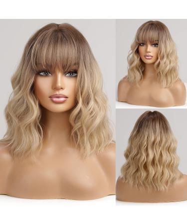 HAIRCUBE Short Blonde with Dark Roots Curly Wigs With Bangs Wavy Bob Wigs for Women Heat Resistant Synthetic Wigs