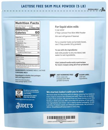 Judee's Lactose-Free Skim Milk Powder 5 LB - Non-GMO, rBST Hormone-Free, Low Carb - Gluten-Free & Nut-Free - Made from Real Dairy - Ideal for Baking and Reconstituting - 5 Pound Pack - Buy Online on GoSupps.com
