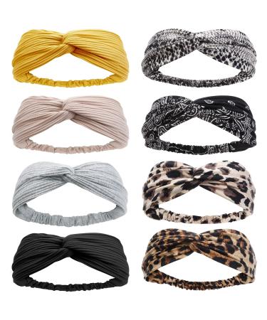 Huachi Headbands for Women Boho Wide Womens Tuban Headbands Headwraps Twist Knot Fashion Summer Beach Hair Accessories (8 Pack Leopard Printed Plus Solid Colors Hair Bands) Set 1