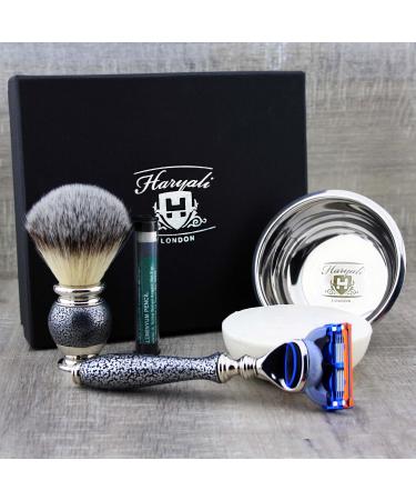 Haryali London 5-part men's shaving set 5 blades with synthetic roof hair razor brush soap bowl and aftershave-alum stick perfect set for men