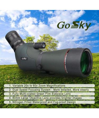 Gosky 20-60x80 Dual Focusing Spotting Scope - Waterproof HD Optics Zoom Scope with Carrying Case and Smartphone Adapter for Hunting, Bird Watching, Target Shooting, Astronomy, Scenery - Buy Online on GoSupps.com