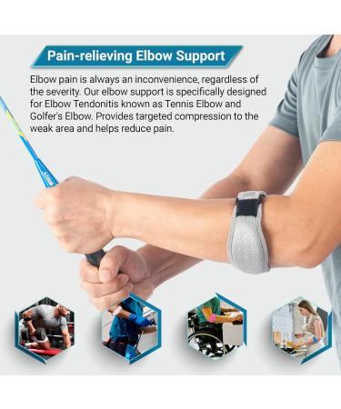 360 Relief Tennis & Golfers Elbow Support Brace for Men & Women - Adjustable Strap, Pain Relief for Tendonitis & Arthritis | 1 Pair Grey with Mesh Bag - Buy Online on GoSupps.com