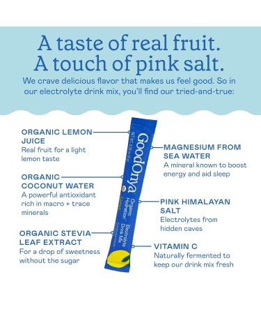GOODONYA Organic Hydration Electrolyte Drink Mix, Certified Organic Hydration Powder, Non-GMO, Biochecked Glyphosate Free, Low Sugar, Lemonade Flavor, No Artificial Flavors,12 Stick Packs - Buy Online on GoSupps.com