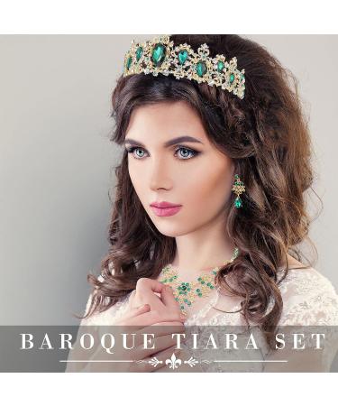 Baroque Bridal Jewelry Set: Tiara, Earrings & Necklace Wedding Rhinestone Crystal Crown Headband for Bride Women Girls (Green) - Buy Online on GoSupps.com
