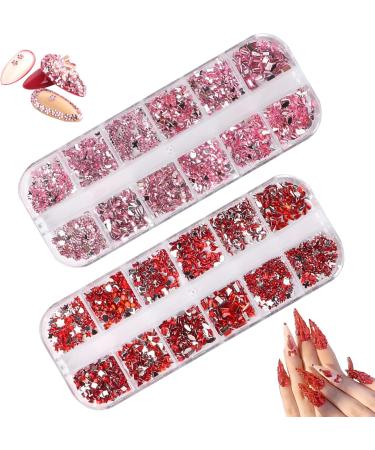 Nail Gems 2 Plates Rhinestones for Nail Art 2 Colors 12 Grids Different Shape 3D Nail Art Gems with Rhinestone Picker Dotting Pen for Professionals Beginners Nails Salon Clothes Style 1 Nail Gems red + as shown - Buy Online on GoSupps.com