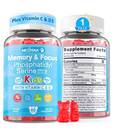 Phosphatidylserine Supplement 100mg Focus Gummies for Kids Teens + Vitamin C & D3 400IU Sugar Free Kids Brain Gummies Increase Attention & Concentration Chewable Vegan Gluten Free Non-GMO 60Cts 60 Count (Pack of 1)