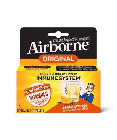 Airborne 1000mg Vitamin C with Zinc Effervescent Tablets Immune Support Supplement with Powerful Antioxidants Vitamins A C & E - 10 Fizzy Drink Tablets Zesty Orange Flavor