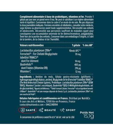 NUTRI & CO Iron Bisglycinate 14mg + Vitamin C + Probiotic - High Absorption - Patented Iron Dietary Supplement Anti-Fatigue - No Digestive Disorders - 30 Vegan Capsules - Made in France - Buy Online on GoSupps.com
