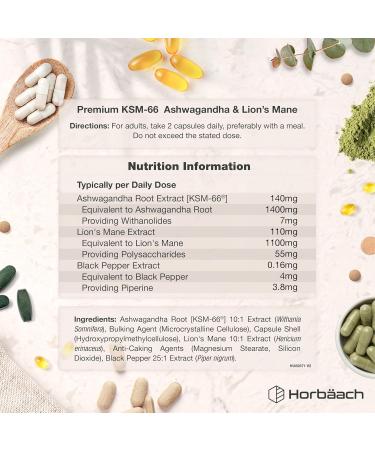 Ashwagandha KSM-66 and Lion's Mane 2500mg Capsules | KSM-66 Ashwagandha Root Extract & Lion's Mane Mushroom Extract Enhanced with Black Pepper | 120 Vegan Capsules | Horbaach - Buy Online on GoSupps.com