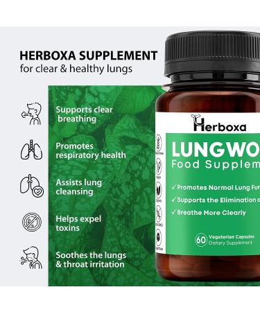 Herboxa Lungwort Lung Support Supplement - Clear Lungs & Detox Capsules - Lung Cleanse for Health & Revitalization - 60 Vegan Capsules - Buy Online on GoSupps.com