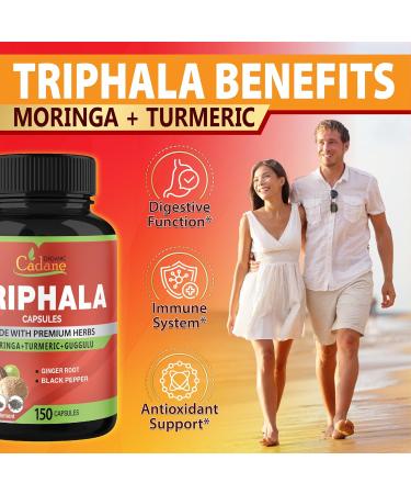 Organic Cadane Triphala Extract Capsules 5 Months Supply with Turmeric Guggulu Ginger Black Pepper Moringa - Support Digestion Health & Immune System - 150Caps - Buy Online on GoSupps.com