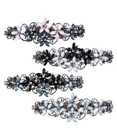 Hair Barrettes Crystal Rhinestones Hair Clips Vintage Flower French Hair Styling Tools Accessories for Women Girls (4 Pieces) Black