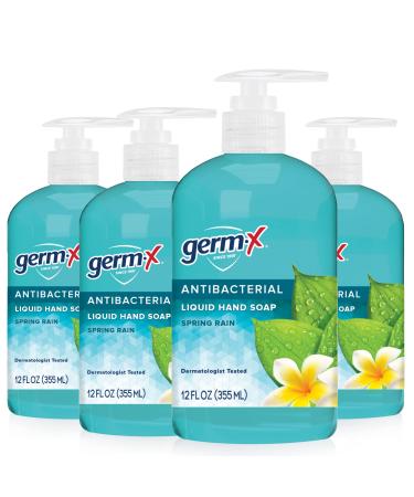 Germ-X Antibacterial Hand Soap Moisturizing Liquid Hand Wash for Kitchen or Bathroom pH Balanced & Dermatologist Tested Back to School Supplies Spring Rain 12 oz Pump Bottle (Pack of 4)