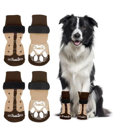 Slowton 2 pairs of indoor anti-slip socks for dogs soft adjustable paw protection with Velcro fastener for hardwood floors inside rooms dog socks for small medium-sized dogs (brown s) S brown (4 pieces)