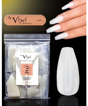By Vixi 500 LONG COFFIN/BALLERINA NAIL SET with PREP FILE 10 Sizes - Opaque Express Full Cover False Fingernail Extensions for Salon Professionals & Home Use Coffin Long