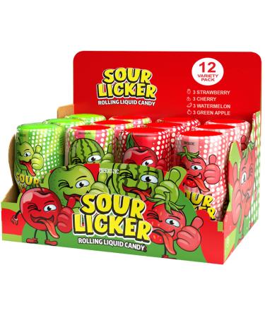 Slime Sour Lickers Candy, Gluten Free, 12 Pk Of 4 Flavors, Watermelon, Green Apple, Cherry and Strawberry Rolling Liquid Candy Bulk, Treat for Parties, Birthdays, or Halloween Treat 1.35 Oz Each