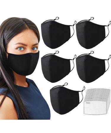 5x Black Cotton Cloth Face Mask - Washable, Reusable, Adjustable Masks - Filter Pocket (20 Filters) - Soft Inner Lining 5 Mask + 20 Filters