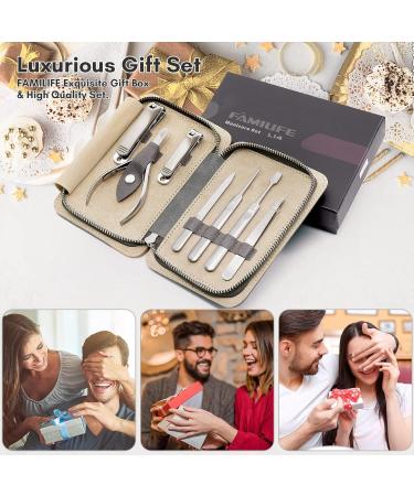 FAMILIFE 7PCS Manicure Set for Men - Professional Stainless Steel Nail Kit with Leather Travel Case - Grooming Gift Set in Gray and Orange - Buy Online on GoSupps.com