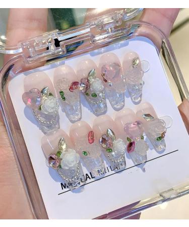 10pcs Pink Rose Flower Coffin Fake Nail Pink Flower 3D Press on Nails Valentine's Day Nails Luxurious Nails Acrylic Nails Fake Nails For Women Girls - Buy Online on GoSupps.com