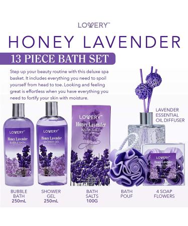 Honey Lavender Home Spa Gift Set for Women and Men - 13 Piece Bath and Body Basket with Essential Oil Diffuser, Soap Flowers, Bath Salts, Bubble Bath - Perfect Presents for Mom - Buy Online on GoSupps.com