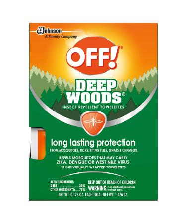 OFF! Deep Woods Insect Towelettes, Long Lasting Protection from Mosquitoes, Ticks, Biting Flies, Gnats & Chiggers, 12 Wrapped Towelettes/Pack (Pack of 3)