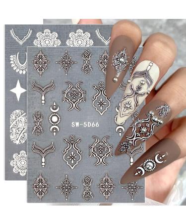 5D Nail Art Stickers Decals Embossed Filigree Nail Design Retro Bohemian Bronze White Lace Necklace Adhesive Star Moon Carved Decor Sliders Nail Decorations for Women Girls 4 Sheets (Retro Lace)