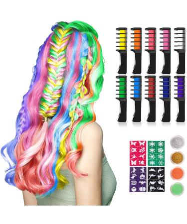 Hair Chalk for Girls Kastiny 10 Pieces Hair Colour Comb Temporary Hair Colour Chalk Comb for Kids Hair Dye Party and Cosplay with 4 Glitter Tubes & 32 Stencils