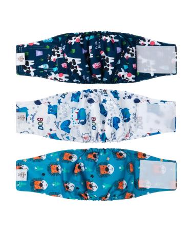 Cuteebone male washable dog diapers belly bands 3 pieces of reusable dog belly band for male high-suction dog wraps with flexible Velcro fastener Cow & Lion & Dog S (28-35.5cm)