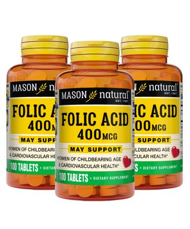 Mason Natural Folic Acid 400 mcg Daily Supplement for Health Mood and Prenatal Care for Women of Childbearing Age 100 Tablets (Pack of 3)
